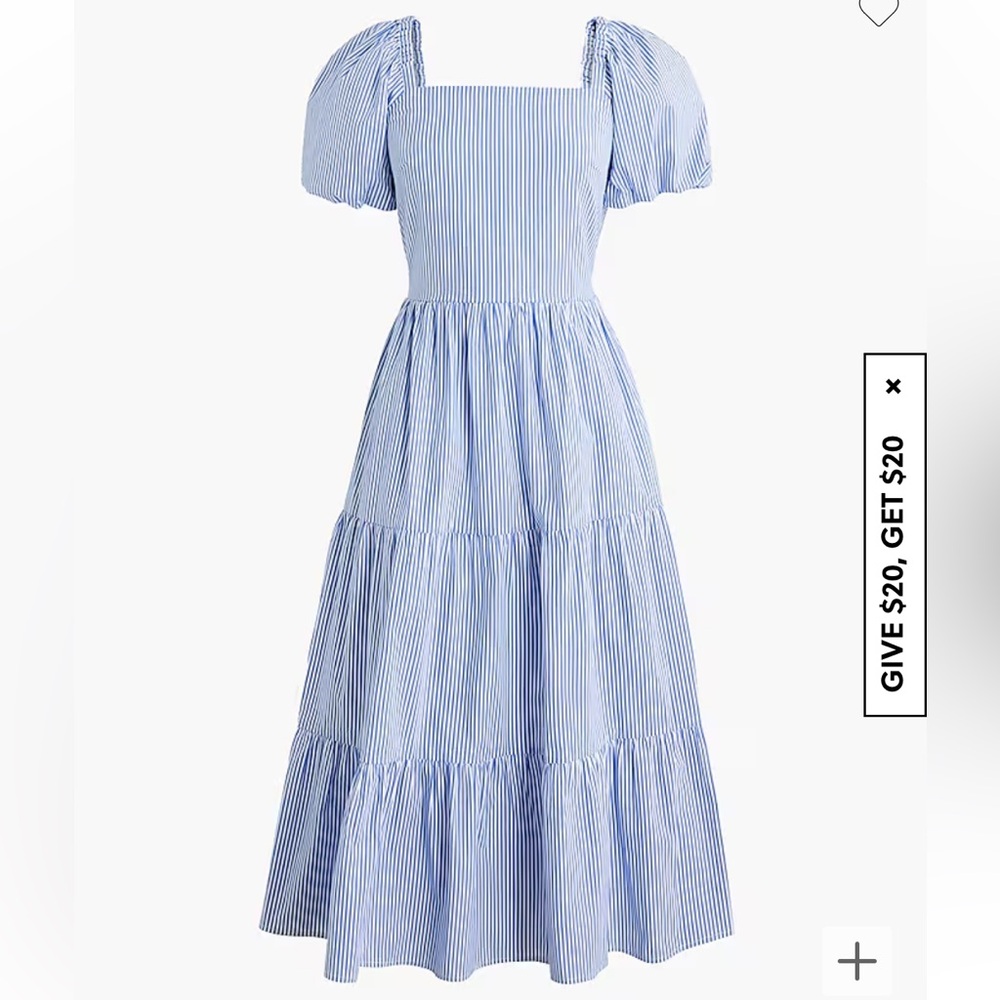 J Crew Factory Tiered midi dress with puff sleeves blue and white stripes
